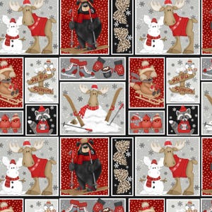 Könnte beinhalten: Ein sich wiederholendes Muster mit Winterillustrationen. Das Design zeigt einen Elch mit rotem Pullover, einen Schneemann, einen Bären auf Skiern und einen Fuchs auf einem Schlitten. Weitere Elemente sind Schneeflocken, Tannenzapfen und der Text "SKI HILL SLEDDING".