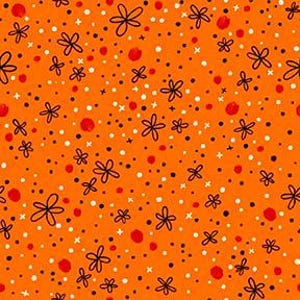 Może przedstawiać: Jasnopomarańczowa tkanina z powtarzającym się wzorem czarnych kwiatów, czerwonych kropek, białych kropek i małych czarnych kropek. Wzór jest równomiernie rozmieszczony, tworząc wesołą i zabawną estetykę.