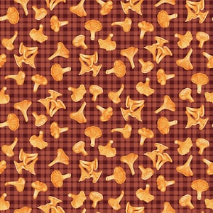 May include: A seamless pattern of orange chanterelle mushrooms on a brown and white checkered background.