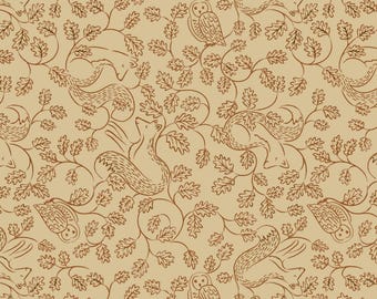 Zorro y búho de la colección Old Quercus de Lewis e Irene - A935C Cozy Gold - Se vende por 1/2 yarda