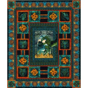 May include: A detailed quilt featuring a central image of a green dragon in front of a castle, surrounded by dragon head motifs and geometric patterns in teal, orange, and black. The quilt has a border with a repeating circular design.
