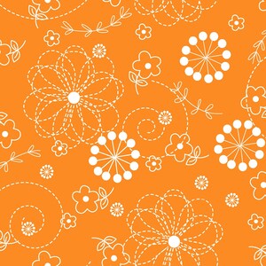 May include: A seamless pattern featuring white stylized flowers and swirls on an orange background.