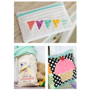 Puede incluir: Un estuche blanco acolchado con cremallera turquesa y banderas triangulares de colores. Una bolsa de lona con el texto "Going to Grandma's" y un cojín con temática de cupcake con una cereza encima.
