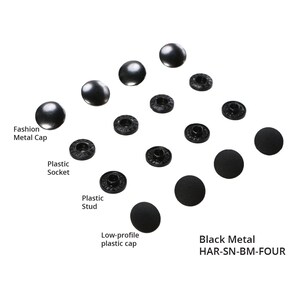 May include: An assortment of black metal snap fasteners, including fashion metal caps, plastic sockets, plastic studs, and low-profile plastic caps. The image also includes the text "Black Metal HAR-SN-BM-FOUR".