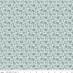 May include: A seamless pattern featuring a repeating design of various green foliage and white stars on a light blue background.