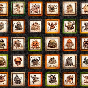 May include: A fabric panel featuring a grid of thirty square illustrations depicting various Halloween-themed creatures, including ghosts, monsters, pumpkins, and bats, framed in orange, green, and black borders against a dark textured background.