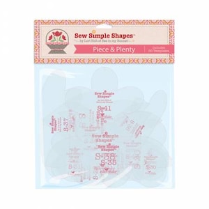 Könnte beinhalten: Eine Packung Nähschablonen mit der Aufschrift "Sew Simple Shapes" von Lori Holt. Die Packung enthält mehrere transparente Kunststoffschablonen in verschiedenen Formen und Größen, mit dem Text "Piece & Plenty" und "Includes 80 Templates".
