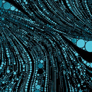 May include: Abstract digital art piece featuring a black background with flowing lines of varying sized turquoise circles. The circles create a sense of movement and depth, forming a dynamic pattern.