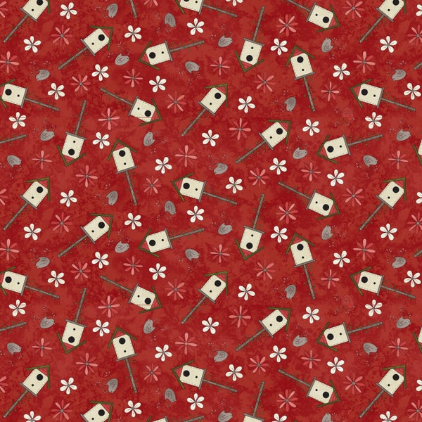 Birds of a Feather - Small Bird House Daisy by Gail Pan for Henry Glass - 2906-88 Red - 1/2 yard