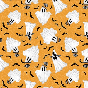 May include: A seamless pattern featuring white ghosts wearing black and white hats on a yellow background with black bats.