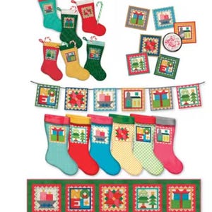 May include: A collection of Christmas-themed fabric items including various stockings, square ornaments, a bunting banner, and a table runner. The items feature colorful patchwork-style patterns with motifs like gifts, trees, candles, and the word NOEL.