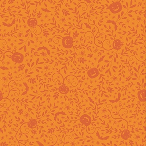 May include: Orange and brown Halloween themed seamless pattern with jack-o'-lantern faces, bats, spiders, and leaves.