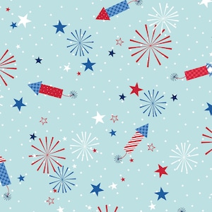 May include: A seamless pattern featuring red, white, and blue fireworks and rockets on a light blue background with white polka dots.