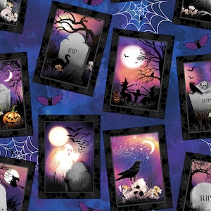 May include: A Halloween fabric featuring repeating framed illustrations. Each frame depicts spooky scenes: tombstones, bats, witches, ghosts, and crows under a full moon. The background is a dark blue with spiderwebs and purple accents. The design has a spooky, gothic theme.