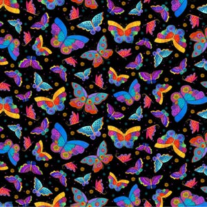 May include: A vibrant pattern featuring numerous colorful butterflies against a black background. The butterflies display a variety of designs and colors, including blue, purple, orange, and yellow. Small gold dots are scattered throughout the design.