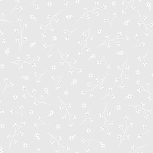 Pode incluir: Um padrão sem costura com um fundo cinza claro adornado com delicados galhos florais brancos e pequenas flores brancas espalhadas. O design é simples e elegante, adequado para várias aplicações.