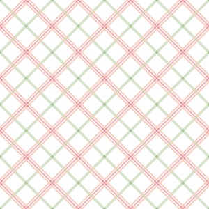 Op de afbeelding: Een naadloos patroon van roze en groene kruisende lijnen op een witte achtergrond. De lijnen creëren een geruit patroon.