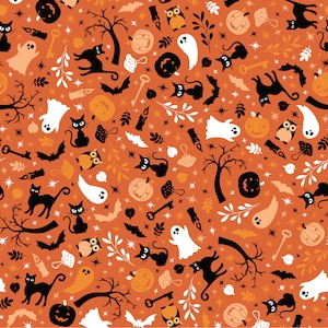 May include: A seamless pattern featuring a variety of Halloween-themed illustrations, including black cats, ghosts, owls, pumpkins, bats, keys, and stars on an orange background.