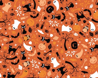 Cats and Ghosts - Pumpkins and Potions Collection by Maywood Studio for Kimberbell Designs - MAS10571-O - Orange - 1/2 yard