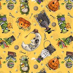 May include: A repeating pattern on a yellow background features whimsical Halloween-themed illustrations. The design includes cartoonish monsters, jack-o'-lanterns, a crescent moon with a face, and decorative elements like keys and gears.