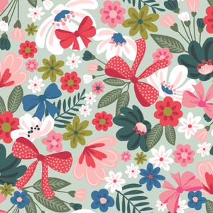 May include: A seamless pattern featuring a variety of colourful flowers and bows. The flowers are in shades of pink, red, white, and blue, and the bows are in shades of red, blue, and pink. The background is a light green colour.