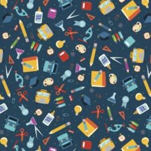 May include: A repeating pattern of school supplies on a dark blue background. The design includes yellow pencils, red scissors, blue backpacks, and other items like glue bottles, books, and paint palettes. The overall theme is education and learning.