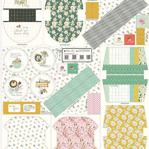 Peut inclure: Un panneau de tissu avec divers motifs pour pochettes. Comprend des motifs floraux en vert, rose et jaune, ainsi que des sections rayées et à carreaux. Le texte comprend "Memories Pouch Panel" et d'autres phrases.