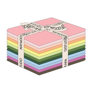 May include: A stack of 12 colorful fabric squares tied with a white ribbon that reads "MAYWOOD STUDIO".