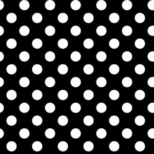 May include: Black background with a repeating pattern of evenly spaced white polka dots. The dots are circular and of uniform size, creating a classic and simple design.