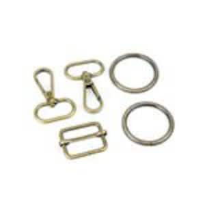 May include: Assortment of gold-toned metal hardware for crafting, including two D-rings, a swivel clasp, a lobster clasp, and a rectangle buckle.