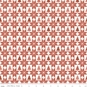 May include: Red and white Christmas fabric with a repeating pattern of stylized Christmas trees and geometric stars.