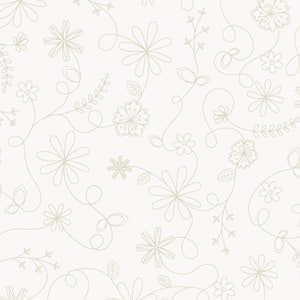 May include: A seamless pattern featuring a delicate floral design. The pattern showcases stylized flowers and leaves in a light beige color, set against a cream-colored background. The design has a hand-drawn aesthetic.