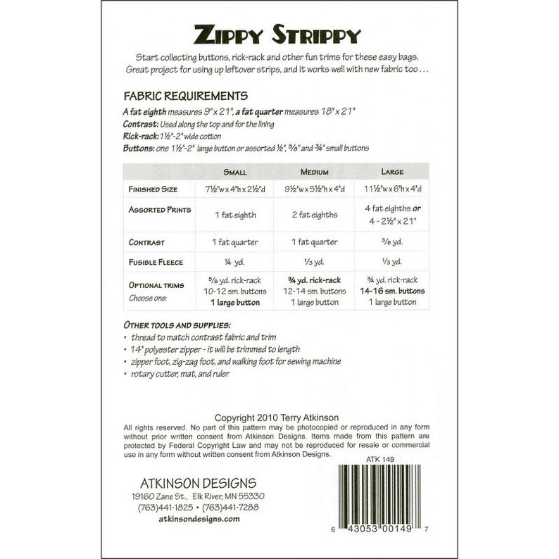 Zippy Strippy Pattern by Atkinson Designs ATK-149