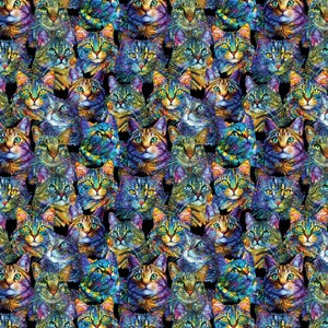 May include: A repeating pattern of stylized cat faces in vibrant colors. The cats have green, yellow, and blue eyes, with fur in shades of purple, blue, green, and gold. The background is black.