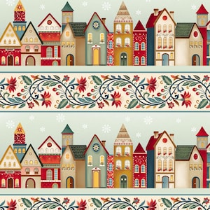 May include: A repeating fabric pattern featuring a row of colorful houses in shades of red, blue, green, and yellow, interspersed with white snowflakes, separated by a horizontal band of intricate red floral vines on a cream background.