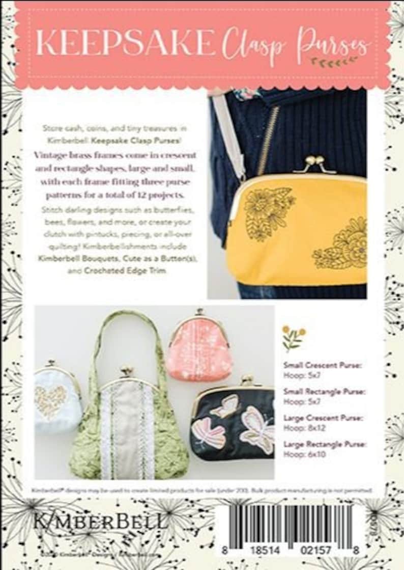 Keepsake Clasp Purses by Kimberbell Designs KD578 Machine Embroidery CD