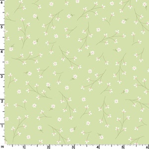 May include: A light green fabric with a repeating pattern of white flowers and thin stems. The flowers have pink centers. The stems are a muted green color. The pattern is evenly distributed across the fabric.