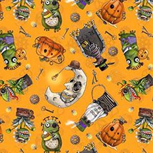 May include: A repeating pattern on an orange background featuring whimsical Halloween-themed illustrations. The design includes cartoonish creatures, pumpkins, moons, and decorative elements like keys and gears. The artwork has a detailed, slightly distressed style.