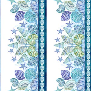 May include: A decorative pattern featuring seashells and starfish in shades of blue, teal, and green on a white background. The design includes detailed illustrations of various shell types and starfish, with a border of blue floral elements.