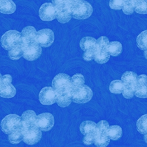 Puede incluir: Un patrón sin costuras de nubes blancas sobre un fondo azul. Las nubes están dibujadas en un estilo simple, dibujado a mano y tienen una apariencia texturizada.