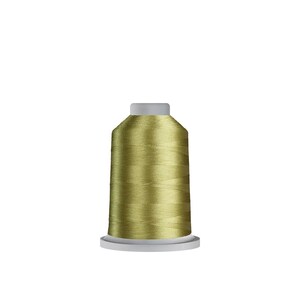 May include: A spool of olive green embroidery thread. The thread is tightly wound around a cylindrical core with a white base and a white top. The thread has a slight sheen.