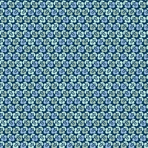 May include: A seamless pattern of blue and green stylised flowers on a dark blue background.