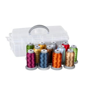 May include: A clear plastic storage box with a gray handle and a collection of colorful embroidery thread spools. The spools are in various colors, including green, gold, blue, orange, and red. The threads are on gray bases.