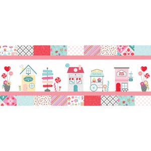 May include: A colorful fabric panel featuring a whimsical candy shop theme. The design includes illustrated candy shops, lollipops, and floral accents, set against a patchwork background of various patterns and colors, including pink, blue, and white.