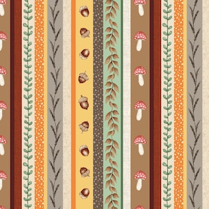 May include: A seamless pattern featuring vertical stripes in various colors and textures. The stripes include brown, orange, yellow, green, and gray.  Acorn and mushroom illustrations are repeated throughout the pattern.