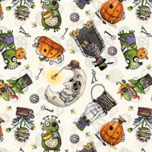 May include: A repeating pattern on a cream background features whimsical, cartoonish illustrations. The designs include a crescent moon with a skull face, pumpkins, and various monster-like creatures. Small keys and gears are scattered throughout.
