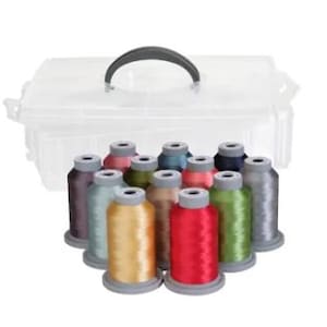 May include: A clear plastic storage box with a handle, containing 12 spools of embroidery thread in various colors.