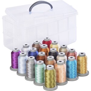 May include: A clear plastic storage box with a handle, containing 20 spools of colorful thread. The spools are arranged in a semi-circle, with the box behind them.