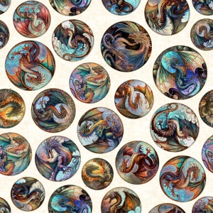 May include: A repeating pattern of circular illustrations featuring detailed dragons in various colors, including red, blue, and gold. Each dragon is set against a background of swirling clouds and water, creating a fantasy theme. The circles are arranged on a cream-colored background.