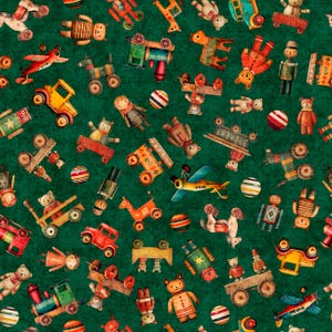 Toy Toss - Santa&#39;s Workshop by Dan Morris for QT Fabrics - 31075 F Forest - Sold by the Half Yard